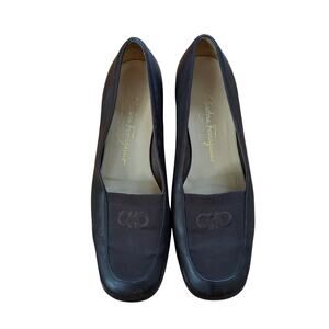 Salvatore Ferragamo brown leather and canvas loafers embroidered logo Sz 8.5